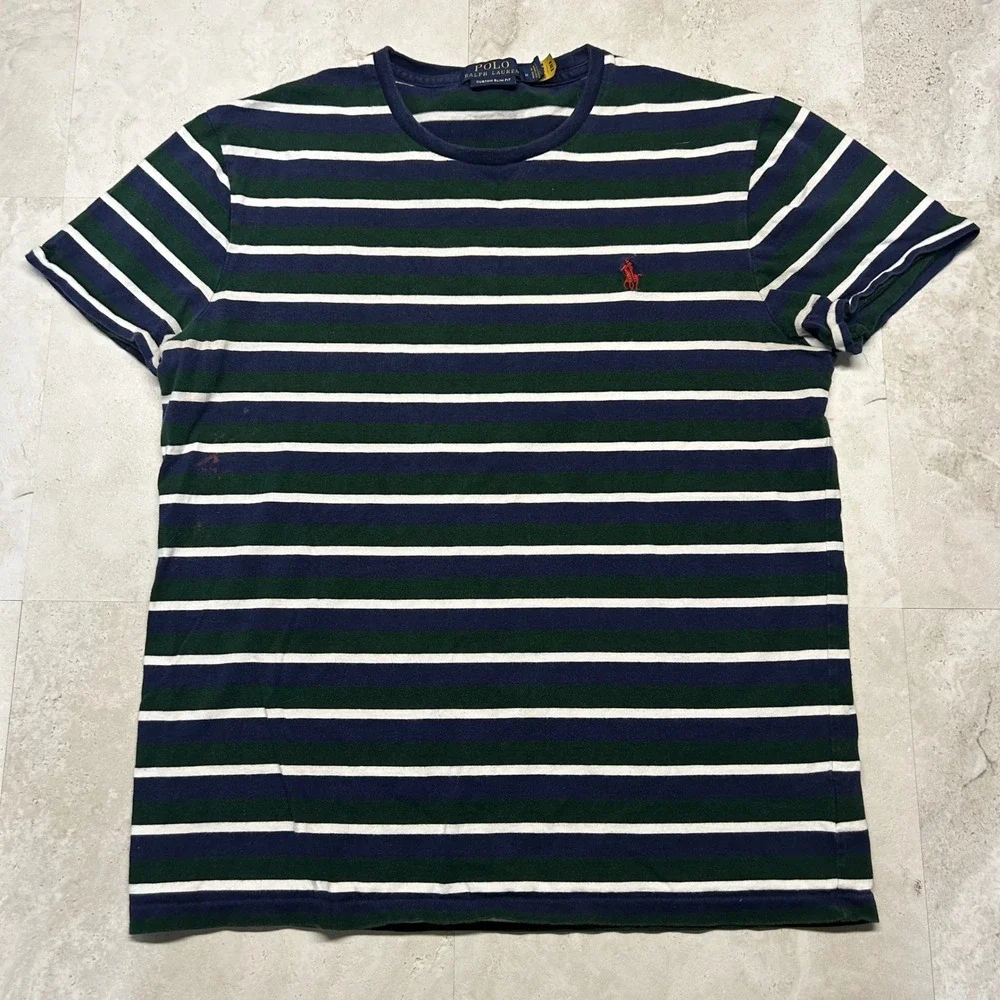 Polo Ralph Lauren Striped T-Shirt Navy Green Mens Medium Custom Slim Fit 0512